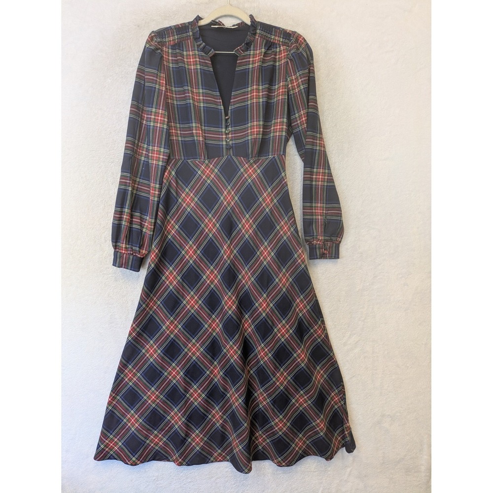 Boden Plaid Midi Dress Women's M Navy Red Tartan V-Neck Long Sleeve